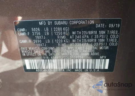 2020 Subaru Outback Touring Xt из США, поврежденный, VIN 4S4BTGPD2L3118034